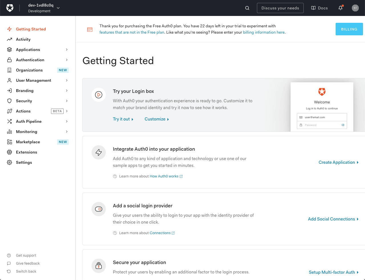 Auth0 Dashboard