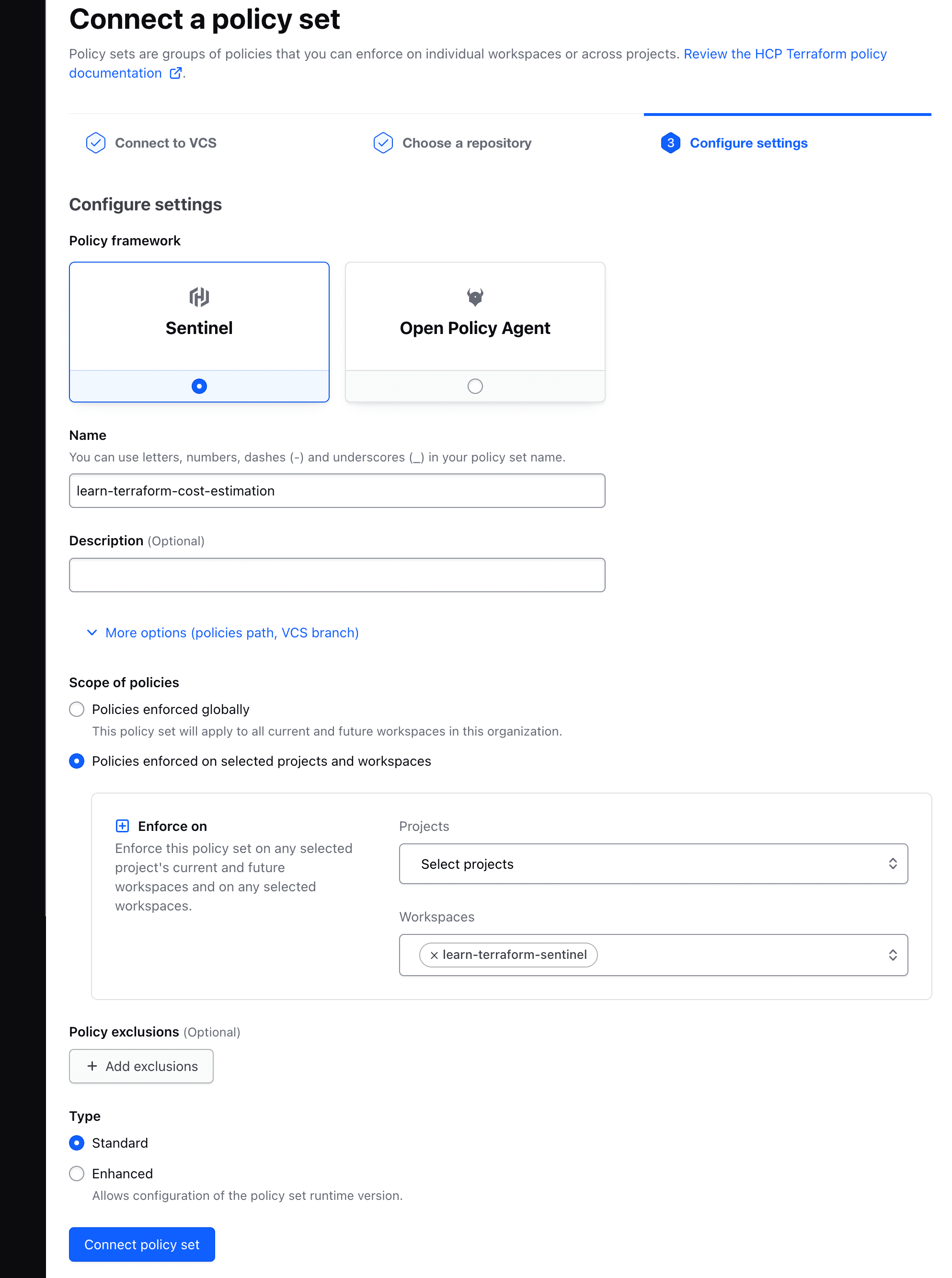 Configure policy set workspaces