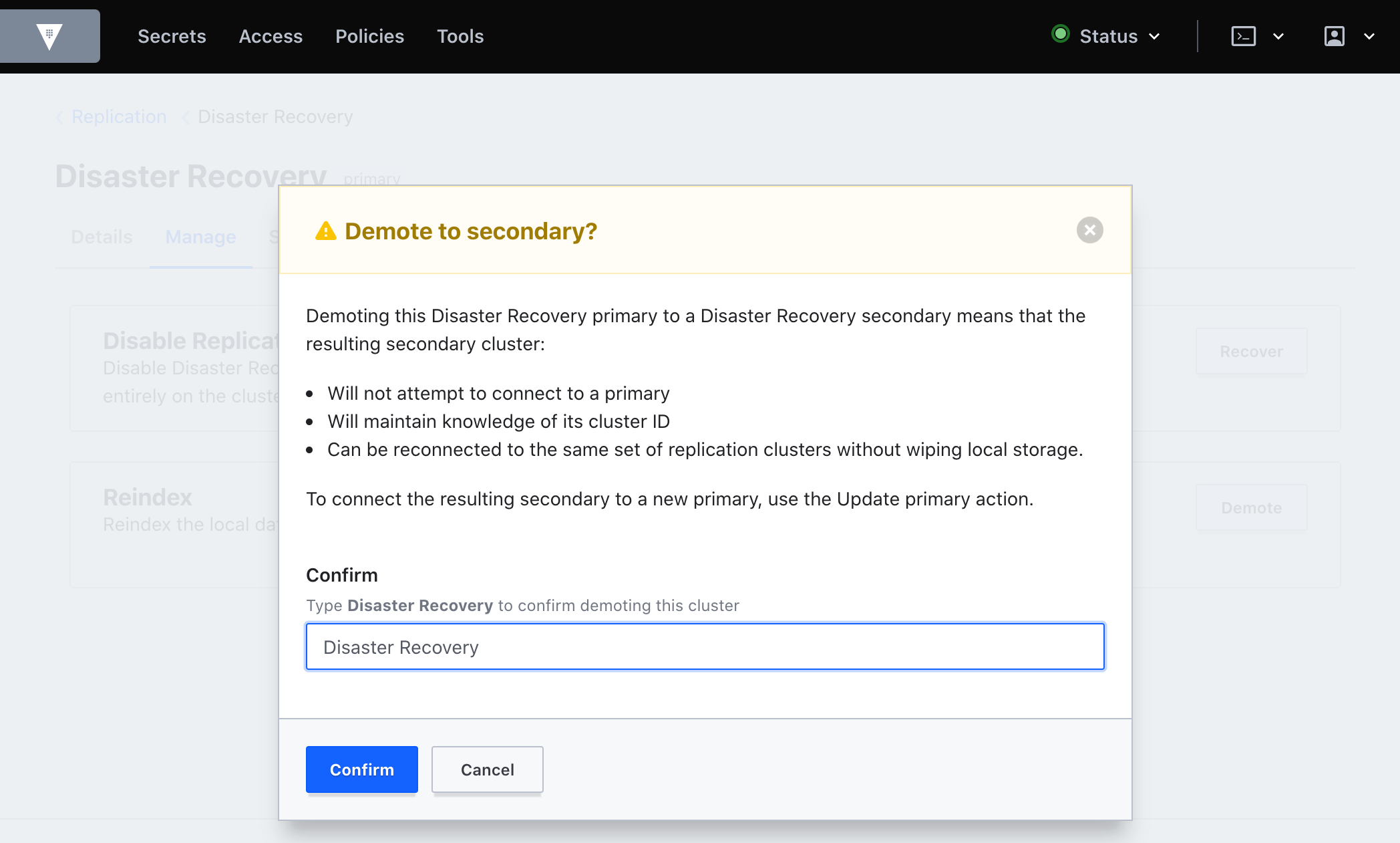 Demote Cluster modal in DR primary